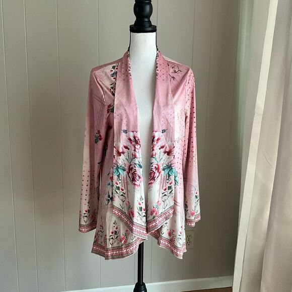 Unbranded Womens Kimono Pink Floral Open Front Cardigan Large - Picture 2 of 14